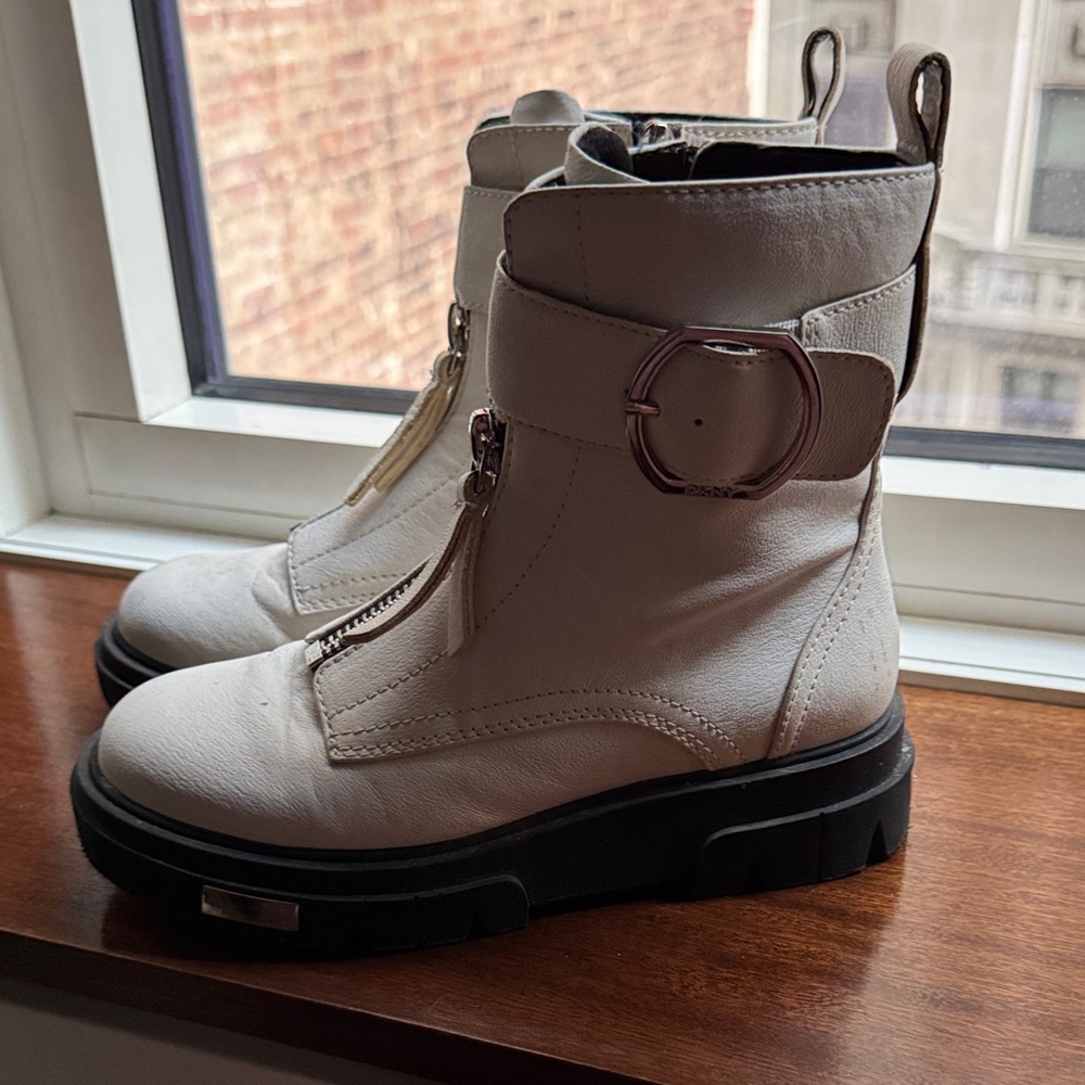 DKNY White Leather Combat Boots
